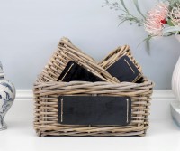 Square Set 3 Cane Baskets with Blackboard Antique Grey