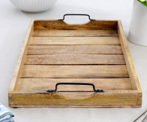 Hunter Wooden Slat Tray with Black Iron Handles - Large